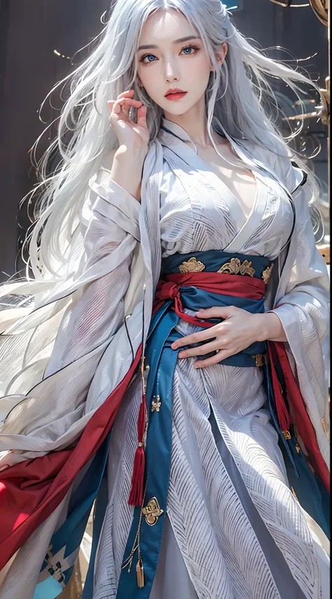 photorealistic, high resolution, soft lights, 1women, solo, hips up, blue eyes, white hair, long hair, blue eyes, red lips, jewelry, hanfu