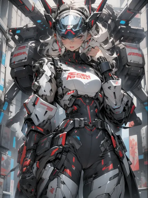 powerful adult woman in her mega detailed mecha suit, heavy weapons, cyberpunk visor, high-tech graphics throughout the costume,...