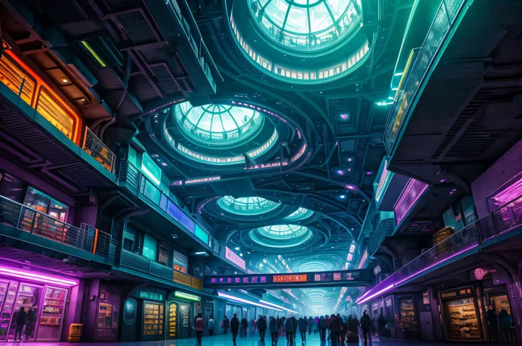 an underground city, futuristic, vibrant neon lights, bustling crowd, towering skyscrapers, advanced technology, underground market, holographic displays, flying vehicles, elevated walkways, transparent domes, architectural marvels, hidden passages, labyri...