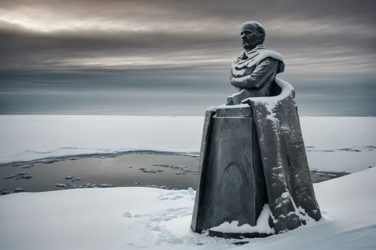 statue of lenin at the south pole of inaccessibility,bronze sculpture,standing tall,frozen landscape,winter snow,Wind swirling around,remoteness,inhospitable,the monument of solitude,isolated location,unforgiving climate,massive statue,monumental presence,...