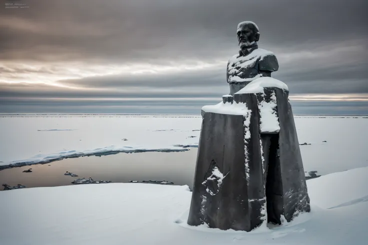 statue of lenin at the south pole of inaccessibility,bronze sculpture,standing tall,frozen landscape,winter snow,Wind swirling around,remoteness,inhospitable,the monument of solitude,isolated location,unforgiving climate,massive statue,monumental presence,...