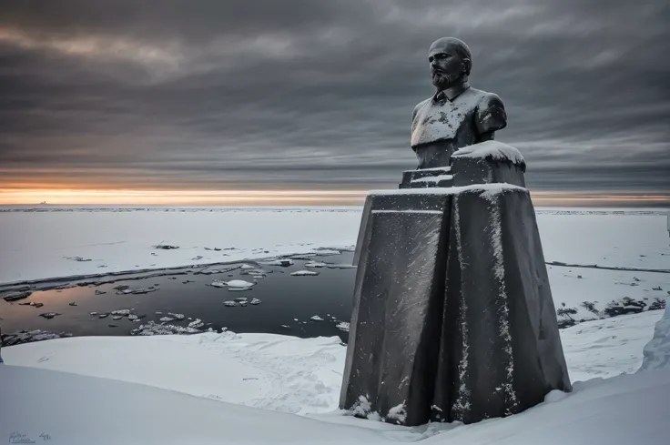 statue of lenin at the south pole of inaccessibility,bronze sculpture,standing tall,frozen landscape,winter snow,Wind swirling around,remoteness,inhospitable,the monument of solitude,isolated location,unforgiving climate,massive statue,monumental presence,...