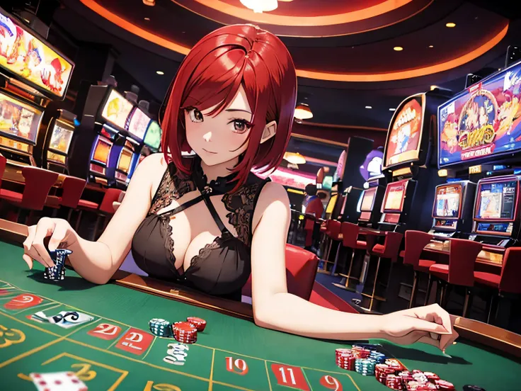 casino、Strategy、Short Bob、Active girl with red hair、anime moe art style,High resolution 8K,