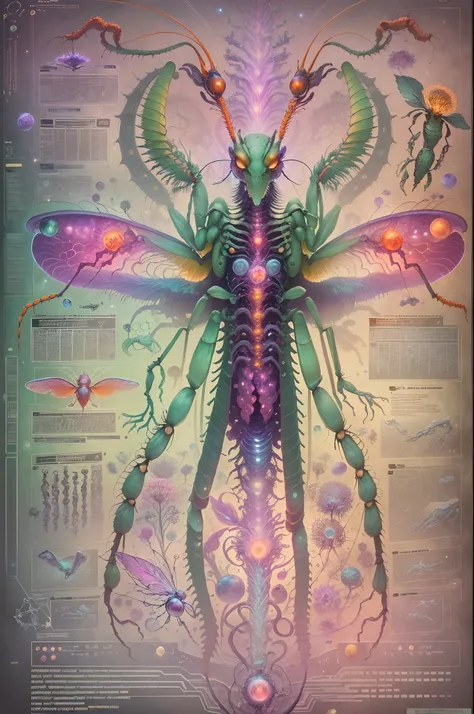 Fantasy00d Technical Diagram, Info graphic, Charts, of A Cosmic Anatomical Praying Mantis, Info Graphic, Scientific, Data Diagram, Nervous System, Galaxy, Vibrant Colors, Midnight Aura, Ultra Detailed, H.R. Giger, Max Ernst, Thomas Kinkade, Robert Gonsalve...