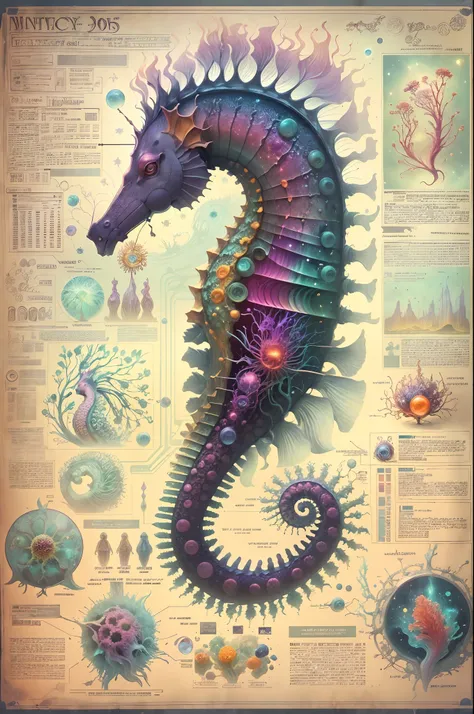 fantasy00d technical diagram, info graphic, charts, of a cosmic anatomical seahorse, info graphic, scientific, data diagram, ner...