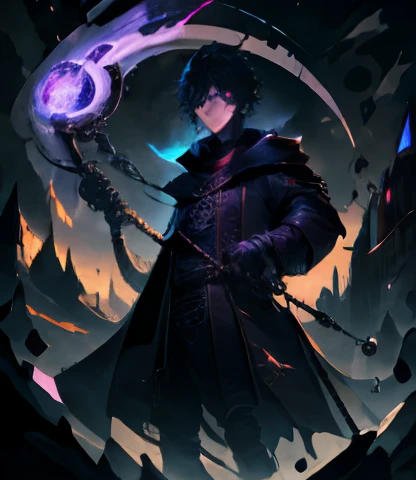 (absurdres, highres, ultra detailed), masterpiece, best quality, a boy holding a scythe, solo, handsome, short hair,black hair, black eye, finely eyes and detailed face, scythe design, intricate scythe, fantasy scythe, evil smile, dramatic sky, isolated la...