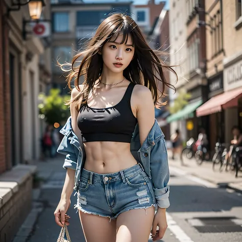 1womanl、((Medium chest, Long hair, small head)), Daylight, Sunlight, (well-defined abs: 1.1), (Perfect body: 1.1), (short wavy hair: 1.2), Russet Hair, Collar, chain, Full body photo, Shabby street, wearing a black tank top, Denim jacket, ((Shorts)), (Very...