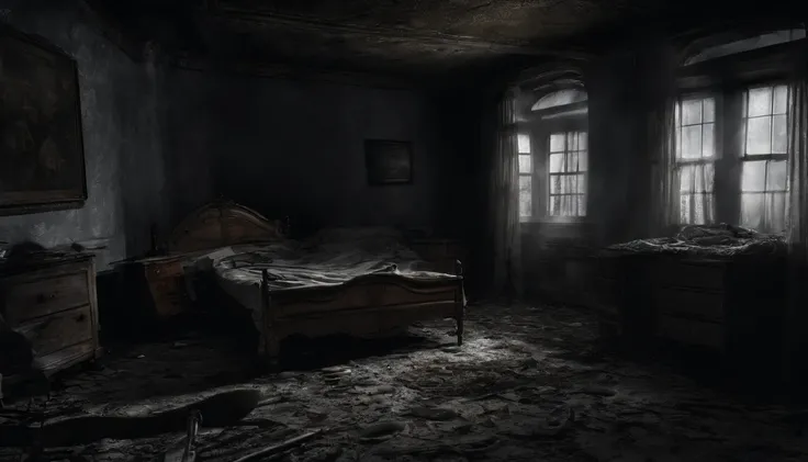 create a haunted old bedroom in the house, abundant for 40 years, at night, moons light through the windows, ruined furniture, ((a pair of red eyes watching in the dark)), dirty, dusts, mist, no light, dark background, (horror theme), 8k, ultra hd, highly ...