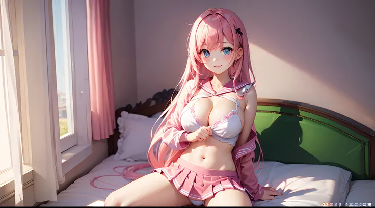 Beautiful illustration、top-quality、Cute little girl s、cleavage，Bedroom、A pink-haired、long whitr hair、(((Pink pleated skirt)))、(((Pink sailor suit)))、short- sleeved、huge tit、a navel、Turn up the skirt with your hands、showing white panties、Pull up the skirt，T...