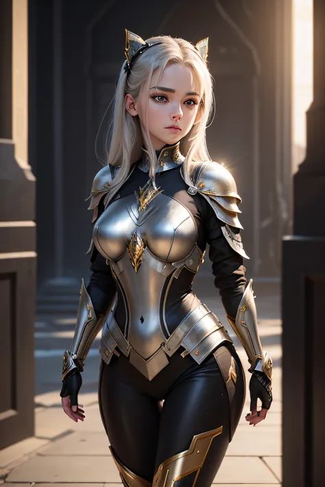 masterpiece, 8k, photorealistic, realistic, pretty girl, futuristic armor, black gold silver