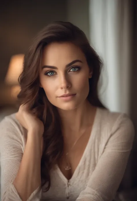 arafed woman with a white tank top and a necklace, sexy girl with green eyes, brown hair and large eyes, selfie of a young woman, bedroom eyes, violet myers, natural makeup, looking directly at the camera, face with artgram, subtle makeup, piercing green e...