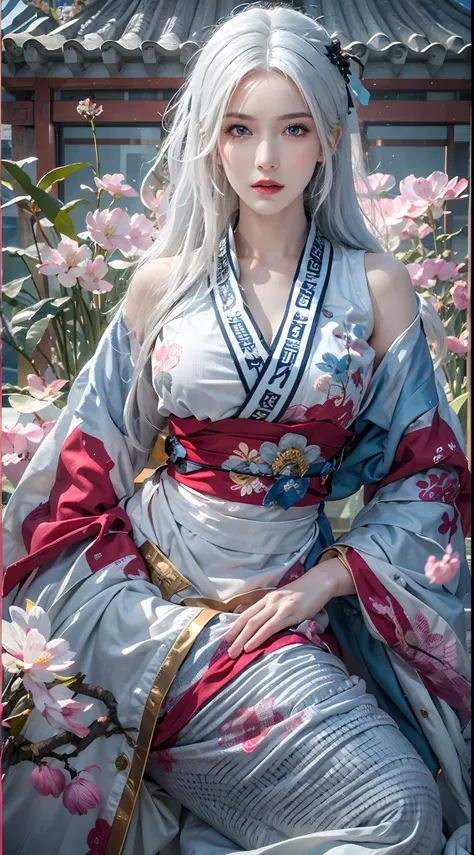 photorealistic, high resolution, soft lights, 1women, solo, hips up, blue eyes, white hair, long hair, blue eyes, red lips, jewelry, taoist robe, tattoo, cherry blossom