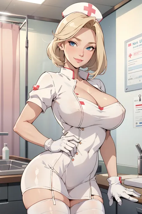 1woman, Nurse, nurse uniform, Nurse Cap, Whiteware, ((White legwear, zettai ryouiki)), White Gloves, Blonde hair, Blue eyes, pink lipsticks, Smile, Standing, sharp outline, Short sleeves, a mature female, 35 year old, Best Quality, masterpiece, infirmary, ...