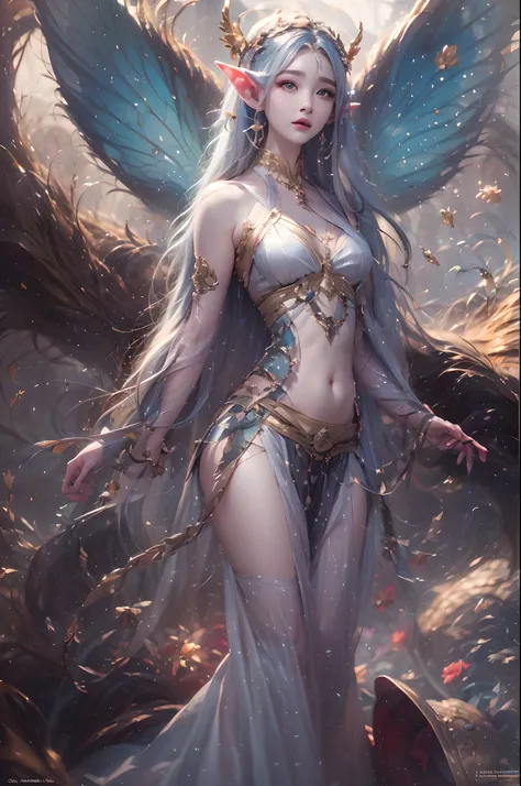 ( Absurd, High quality, Ultra-detailed, Masterpiece, concept-art, smooth, high detail artwork, Hyper-realistic painting ) , elf, Plum elf, plum , Transparent fairy wings, huge tit，low chest，fairytale-like, Romantic, Vivid, Whole body,hand behind back，Malu，...