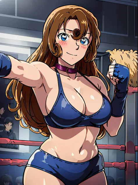 front view, cowboy shot, ultra detailed face, best quality, anime style, hires, highest definition, digital blending, bold drawing lines, ((weak body, female wrestler), (slender body), mature woman, milf, (wrestling gear, collar band), victorious, gorgeous...