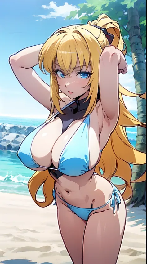 "(Legs open 90° position),((All  briefs body visible)), (arms above head),(" wife bikini "),(beach sun day),(beautiful anime specific eyes), (long wavy hair), (huge tits),(masterpiece anime face ),(1girl),(realistic), (masterpiece eyes detailed) "