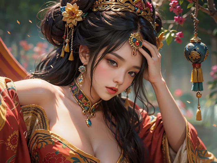 the famous scene of the noble concubine bathing, high detail, realistic, amazing, vivid and very beautiful edit fashion photogra...