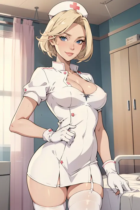 1woman, Nurse, nurse uniform, Nurse Cap, Whiteware, ((White legwear, zettai ryouiki)), White Gloves, Blonde hair, Blue eyes, pink lipsticks, Smile, Standing, sharp outline, Short sleeves, a mature female, 35 year old, Best Quality, masterpiece, infirmary, ...