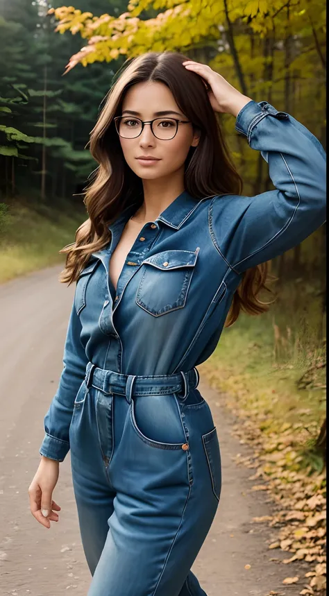 Pretty 30-year-old girl of European appearance; brown thick hair to the shoulder blades; Large dark brown eyes, long eyelashes; eyeglasses(Realistic brilliance); Energetic, Satisfied, Smooth natural tan; In a sturdy denim jumpsuit with long sleeves, with p...