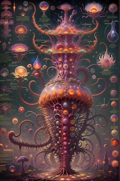 Fantasy00d Technical Diagram, Info graphic, Charts, of A Cosmic Anatomical Carnivorous Plant, Info Graphic, Scientific, Data Diagram, Nervous System, Galaxy, Vibrant Colors, Midnight Aura, Ultra Detailed, H.R. Giger, Max Ernst, Thomas Kinkade, Robert Gonsa...