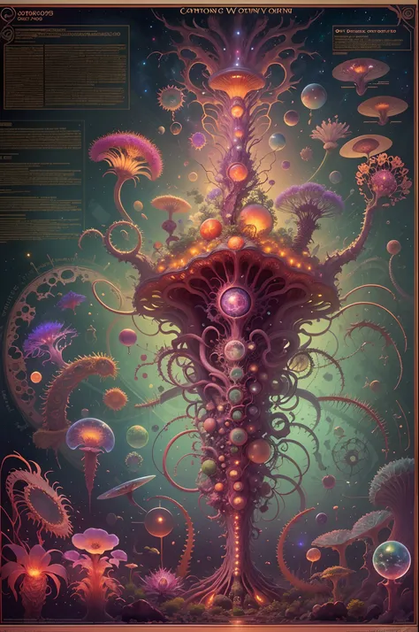 Fantasy00d Technical Diagram, Info graphic, Charts, of A Cosmic Anatomical Carnivorous Plant, Info Graphic, Scientific, Data Diagram, Nervous System, Galaxy, Vibrant Colors, Midnight Aura, Ultra Detailed, H.R. Giger, Max Ernst, Thomas Kinkade, Robert Gonsa...