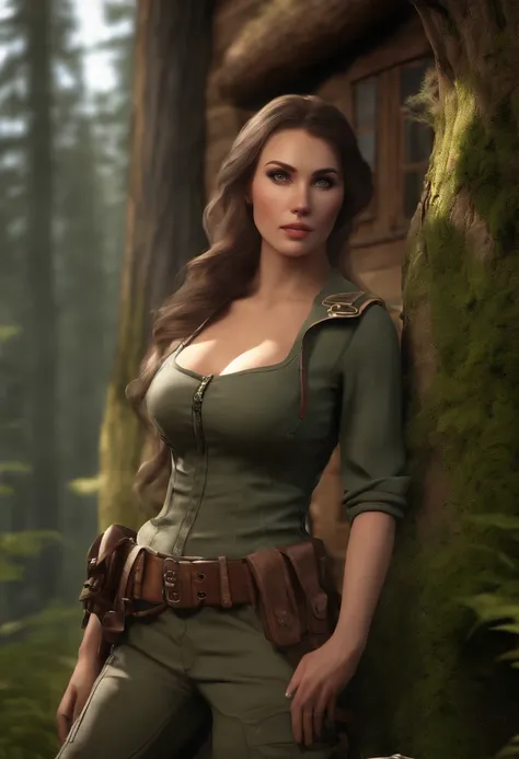 Highly detailed CG Unity 8k wallpaper, of the highest quality, super detailed, masutepiece, Realistic, Photorealistic, extremely detailed cute girl, 25 years old,
(Tactical clothing), (military outfits), Log house in the forest  ,blush, Round eyes, medium ...