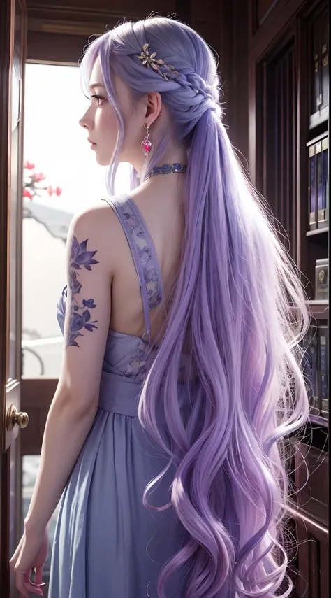 Long lavender hair,bell,pale blue color eyes,Red floral tattoo,Crystal earrings,Quidom,(surrealism:1.1),(Cinematic lighting:1.05),(reflective light:1.1),(Letterbox format:1.15),(profile:1.05),(From behind:1.1),超高分辨率,Masterpiece:1.2,Highly detailed