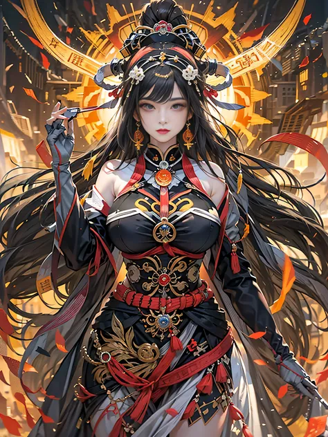 masutepiece, Best Quality,Unity 8k壁纸, ultra-detailliert, Beautiful and aesthetic, Beautiful, Official art, Amaterasu Priestess, SanDisk, Solar Flare Spell, Blessing of the Sun Goddess, divine intervention,Colossal tits、full body Esbian、A bell hangs on his ...