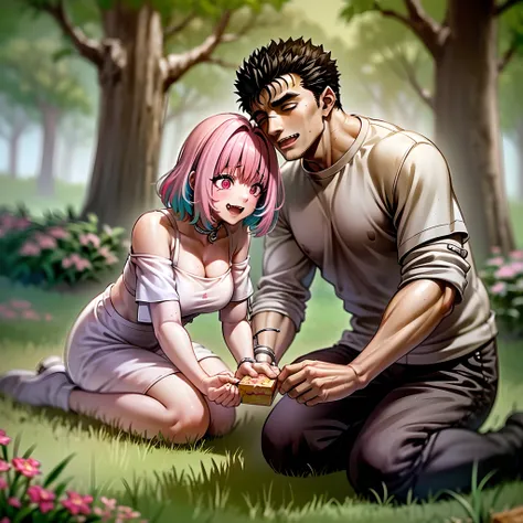 (a happy family in a picnic garden),(riamu as a motherly figure),(riamu and her husband spending quality time),(a couple enjoying the outdoors),(riamus children playing and having fun),(guts as a loving and caring father),(a loving husband and wife),(riamu...