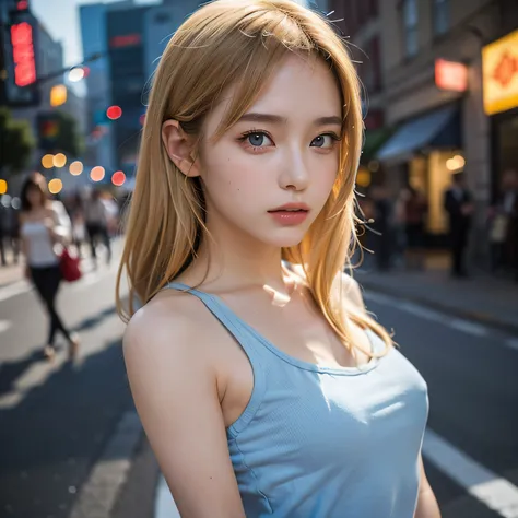 ((Best Quality, 8K, masutepiece: 1.3)), Full body, Focus Sharpening: 1.2, Outstanding Beauty: 1.4, Slender Abs: 1.2, (((Blonde young woman, Small breasts: 1.2)), Tank top dress: 1.1, (nightcity, Street: 1.1), Highly detailed face and skin texture, Detailed...