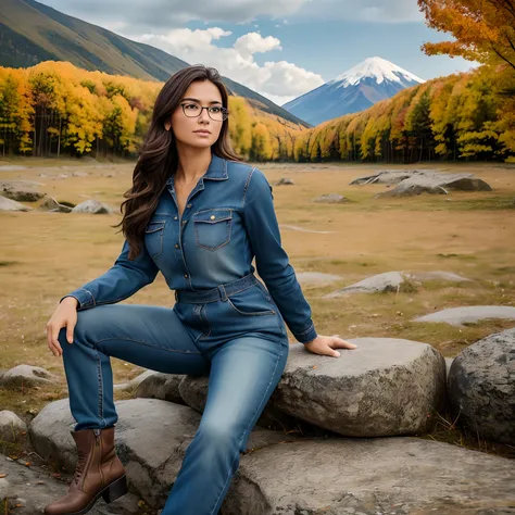 Pretty 30-year-old girl of European appearance; brown thick hair to the shoulder blades; Large dark brown eyes, long eyelashes; eyeglasses(Realistic brilliance); Energetic, Satisfied, Smooth natural tan; In a sturdy denim jumpsuit with long sleeves, with p...