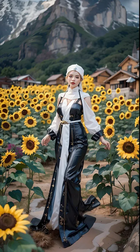 in a very grand scene，the extra-large wide-angle lens captures the appearance of a female centaur。she is a sunflower worship nun...