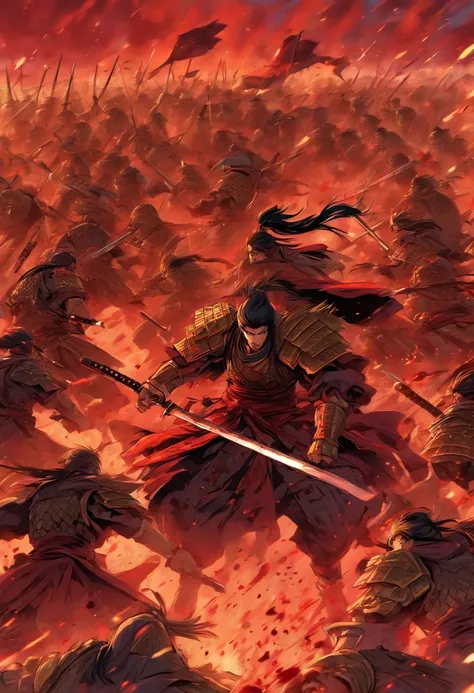 dozen soldiers clashing their swords in war, red sky, bloody ground, bloody ancient chinese war in plains