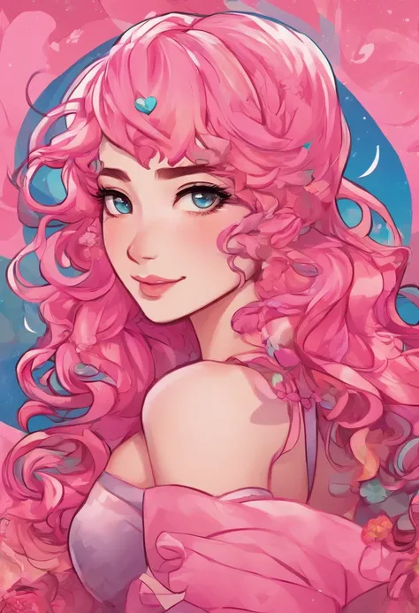 Pink hair, Curly hair, kitsune mask, Heart-shaped pupils, aqua eyes, Earrings, Seductive smile, Pointillism, Pop art, Depth of field, Cinematic lighting, back lit lighting, character sheets, From above, Eye level shots, hyper HD, Masterpiece, Textured skin...