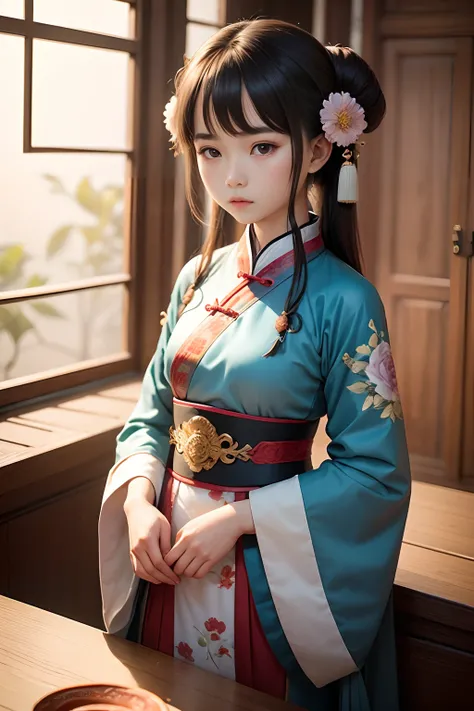 A girl who sprouted from ancient Chinese porcelain，18yr old，Shanxi，Hanfu，adolable