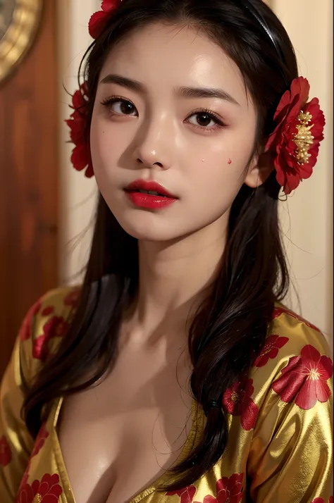 1girls,shrubs,Girl-Girl,china dress,chinese clothes,hair flower,(masterpiece:1.4),(bestquality:1.4),(oily shiny skin),Red lips,looking at the audience,Big breasts,cleft lip, close up shot,