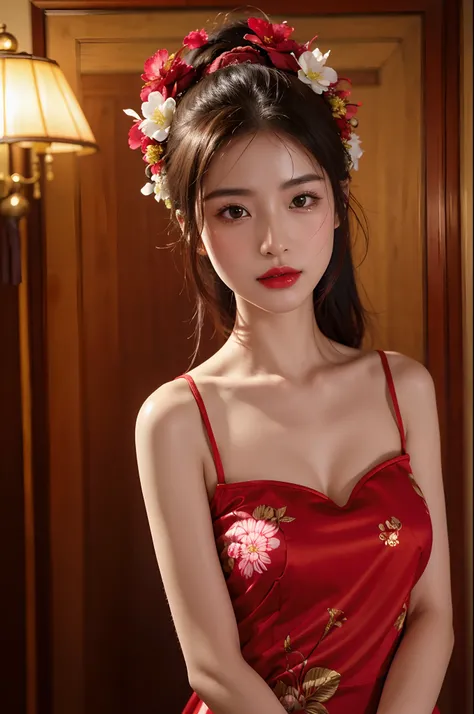 1girls,shrubs,Girl-Girl,china dress,chinese clothes,hair flower,(masterpiece:1.4),(bestquality:1.4),(oily shiny skin),Red lips,looking at the audience,Big breasts,cleft lip, close up shot,