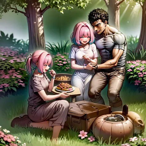 (a happy family in a picnic garden),(riamu as a motherly figure),(riamu and her husband spending quality time),(a couple enjoying the outdoors),(riamus children playing and having fun),(guts as a loving and caring father),(a loving husband and wife),(riamu...