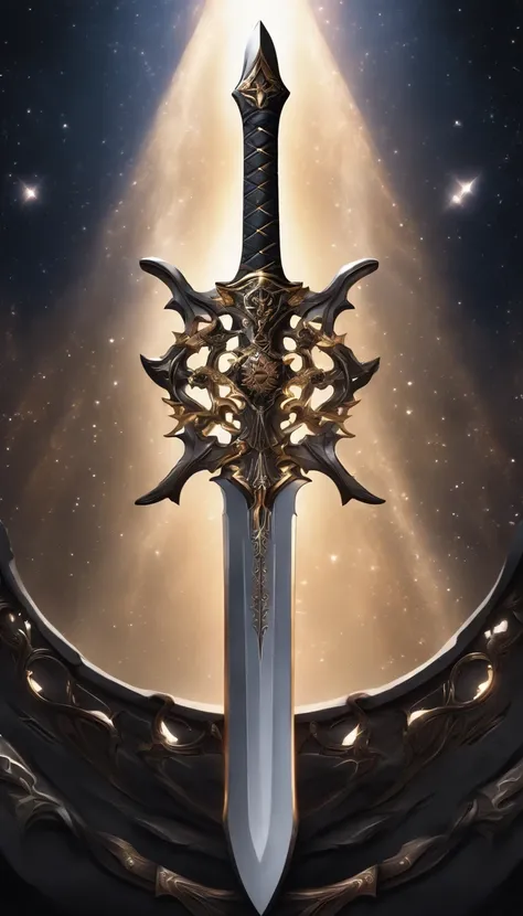 greatsword, long blade, space blade, blade decorated with stars, black colored blade, intricate design, no background, symmetrical