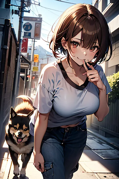 (Girl taking a walk with a puppy:1.3),(Shiba dog:1.3),Have a lead,Crystal clear water flows,beautiful mountain in background々,Very Big White T-Shirt,Cargo pants, gently smiling、(beautiful a girl)、(short hair of red-brown color、hair pin、poneyTail、Floating h...