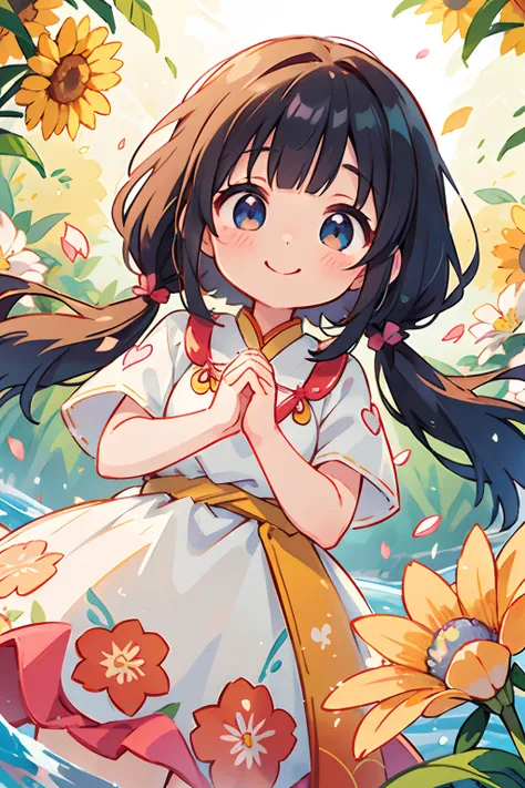 photoRealstic、A smile、Water droplets on the cheeks、In a cute pose、Flowing iridescent silk、up of face、Eye Up、Colorcon with heart pattern、Floral dress、Making a heart with both hands、There are also flowers in the foreground、flower petals、season!!: 夏天☀ 🍂