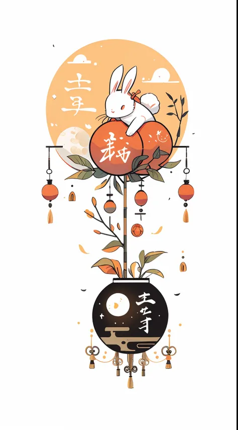 （A rabbit：1.4）, sat on the ground, Looking up, （（Mid-Autumn Festival atmosphere，sweet osmanthus，Kongming Lantern，Meniscus，Moon cake）），（Chinese kanji：1.3），Traditional Chinese illustration style, Digital art, Simple background, Masterpiece on white backgroun...