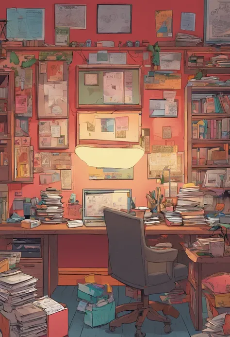 Lilys cluttered office, dimly lit by a desk lamp. The room is filled with case files, a corkboard with photos and red strings connecting them, and an air of determination.