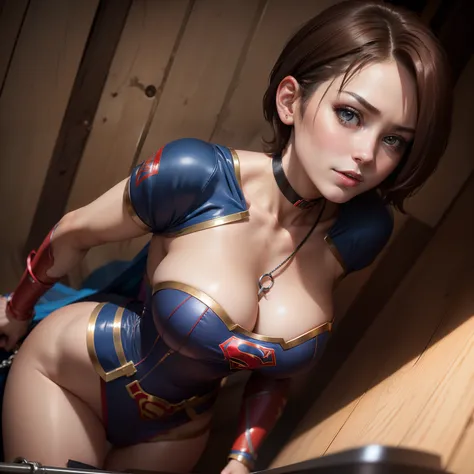 (Best Quality,4K,8K,hight resolution,masutepiece:1.2),Ultra-detailed,Realistic:1.37,Super masterpiece,Short-haired Supergirl chained to the operating table、large full breasts、Looking at the camera、Glossy costume、humiliated、a choker、Sex slaves