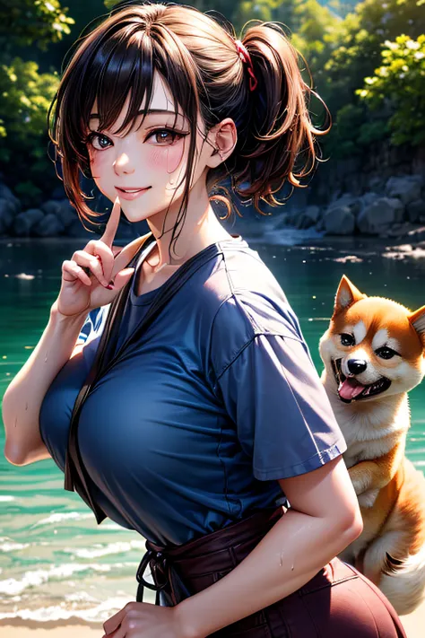 (Girl taking a walk with a puppy:1.3),(Shiba dog:1.3),Have a lead,Crystal clear water flows,beautiful mountain in background々,Very Big White T-Shirt,Cargo pants, gently smiling、(beautiful a girl)、(short hair of red-brown color、hair pin、poneyTail、Floating h...