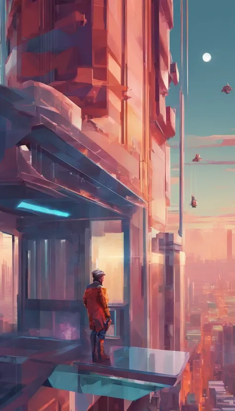 abstract colors, texture, Film grain, pores skin:0.1 intricate dramatic portrait of a handsome science fiction scientist, standing on a balcony overlooking the futuristic (solarpunk)1.2 City, foggy morning, cinematic film still, Blade Runner 2049, Hairstyl...