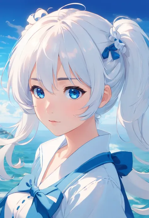 white color hair，Double ponytail curls，blue color eyes，White Lolita，