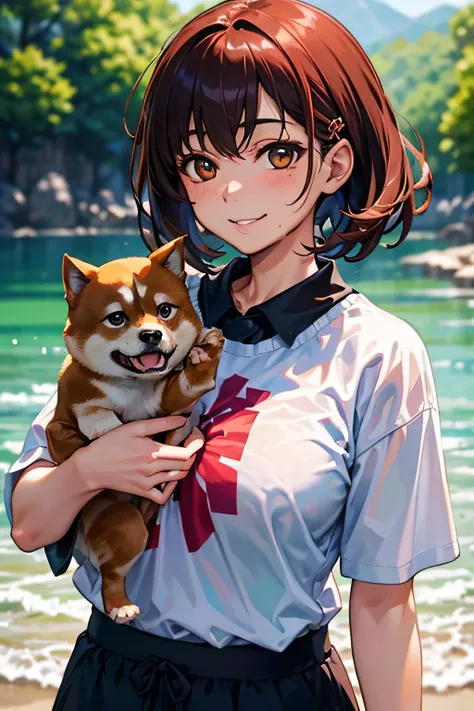 Flowing with crystal clear water,beautiful mountain in background々,(Girl taking a walk with a puppy:1.3),(Shiba dog:1.3),Have a lead,Very Big White T-Shirt,Cargo pants, gently smiling、(beautiful a girl)、(short hair of red-brown color、hair pin、poneyTail、Flo...