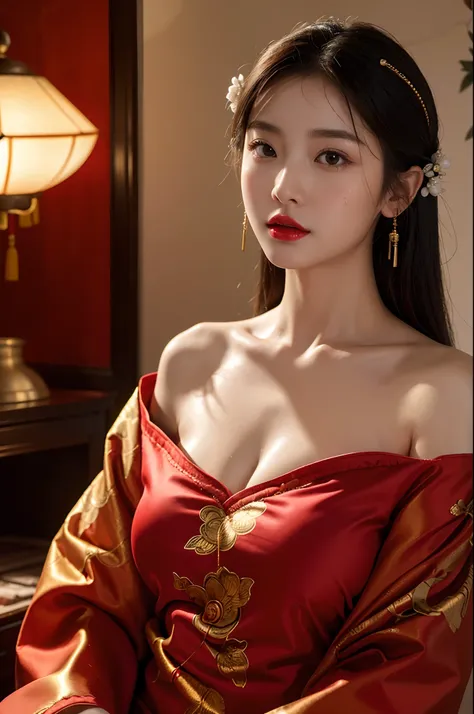 1girls,shrubs,Girl-Girl,china dress,chinese clothes,Chinese hair pins,(masterpiece:1.4),(bestquality:1.4),(oily shiny skin),Red lips,looking at the audience,Big breasts,cleft lip,upper body,