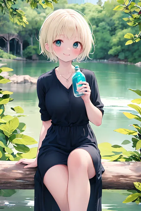 (best quality, masutepiece, raw photo,ultra-detailed:1.2), 1girl in,solo,looking at viewer,smile,sitting、holding a bottle with l...